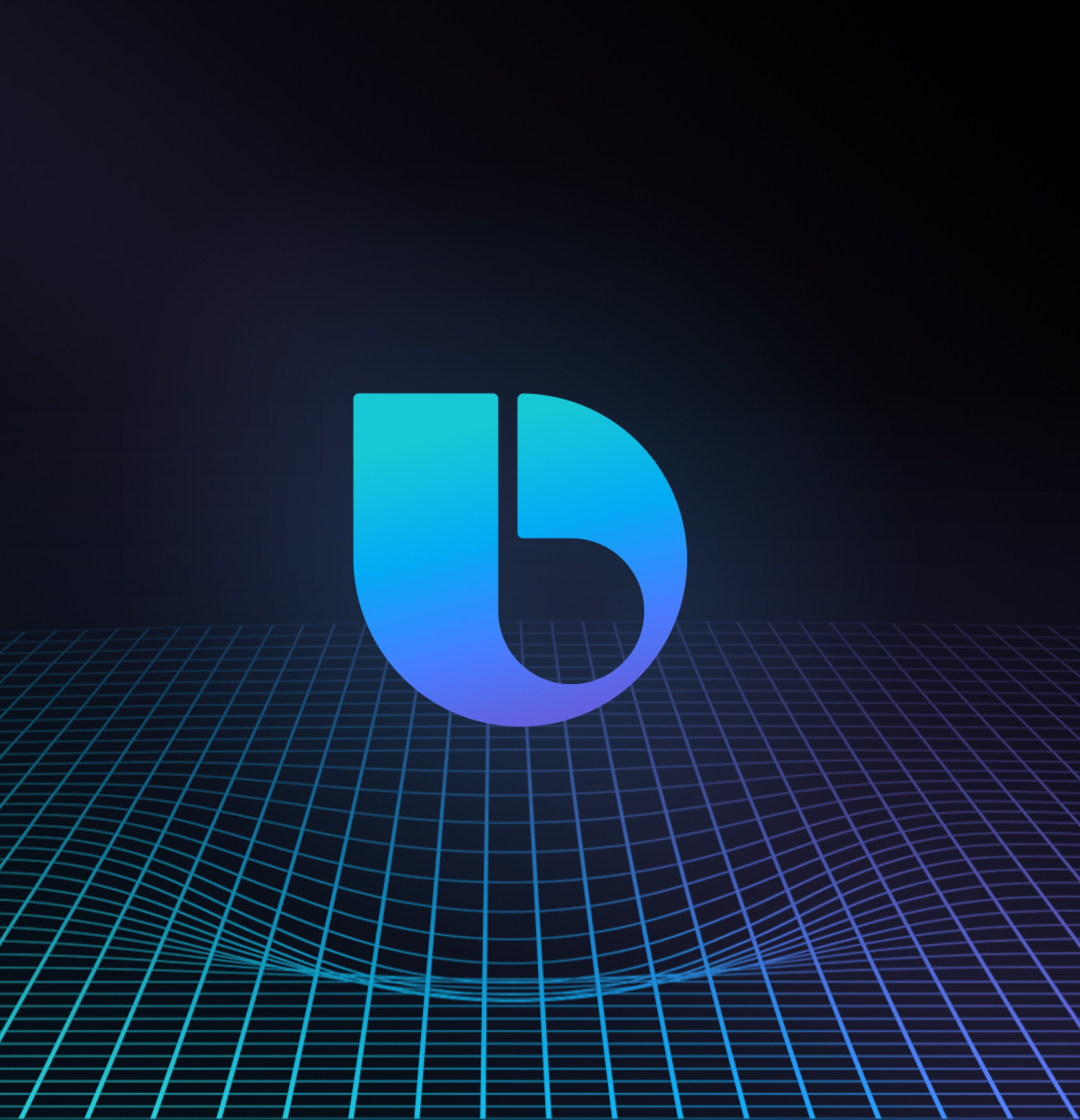 Bixby developer mark on a curved liquid grid: surface tension warping the plane beneath the droplet