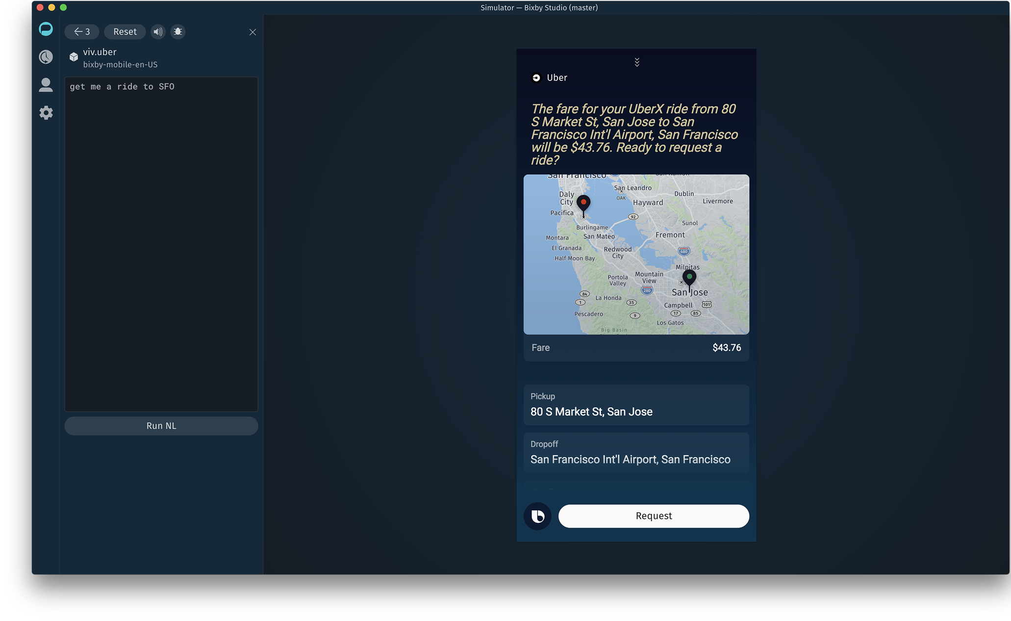 Bixby Studio Simulator: the developer types a natural-language prompt 'get me a ride to SFO' on the left, and a fully rendered Uber skill response with map, fare, pickup and dropoff appears on the right
